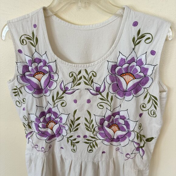 Handmade Womens Embroidered Midi Dress Purple Floral Large Cotton Sleeveless - Picture 3 of 10